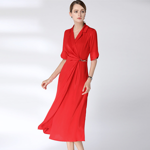 拓美高端真丝新娘礼服裙2025夏季重磅桑蚕丝抽褶翻领气质连衣裙