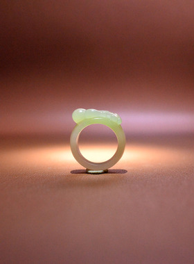 内径16翠青白玉如意葫芦戒指13码