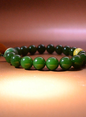 卡12碧玉籽料浓阳绿圆珠手串手持