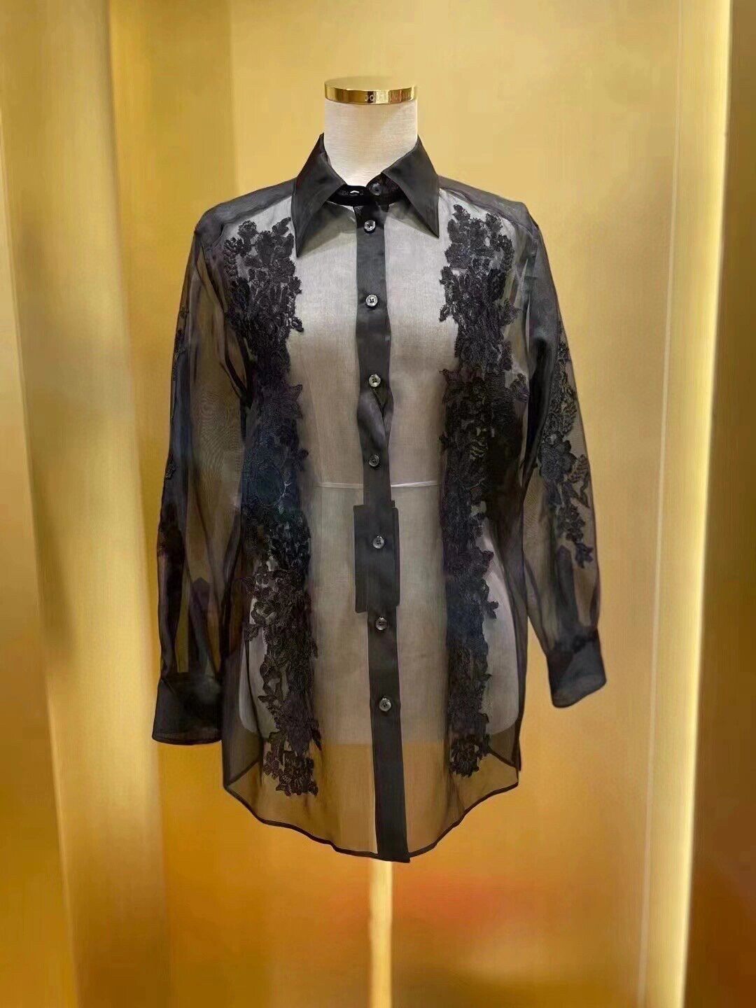 重工衬衫女2024春夏新款翻领长袖重工蕾丝性感微透真丝欧根纱衬衣