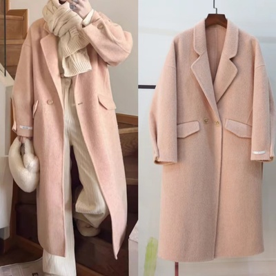 韩系三文鱼粉色双面羊绒大衣女