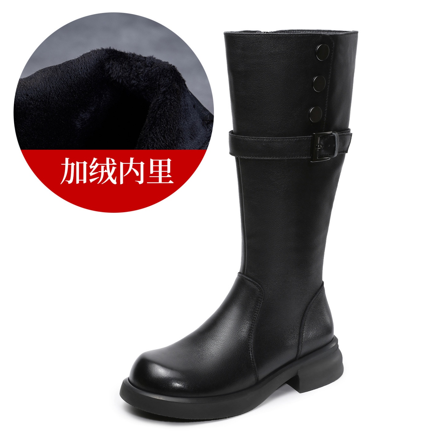 头层牛皮复古厚底皮带扣骑士靴女