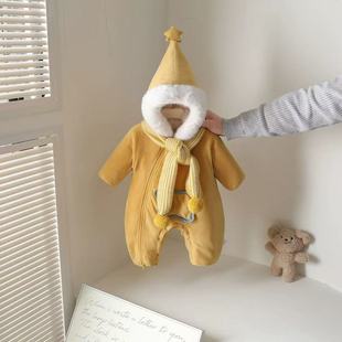 婴儿连体衣毛绒棉服连帽外出服加厚宝宝哈衣超萌拉链加绒加棉爬服