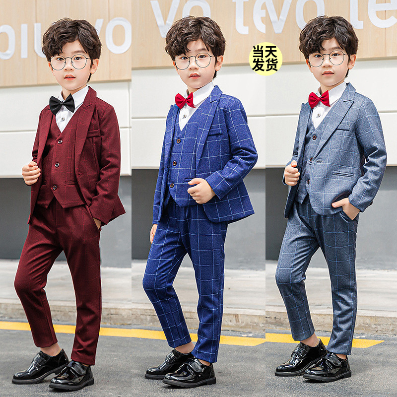 男童宝宝格子套装洋气儿童西装秋季马甲三件套英伦花童小西服礼服