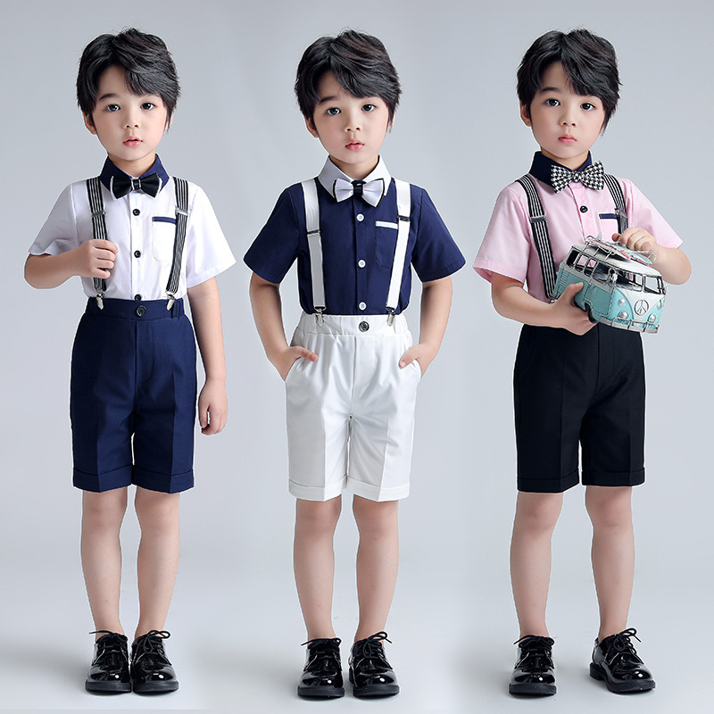 花童礼服男童西装演出服男孩短袖背带裤套装六一合唱表演服装夏季