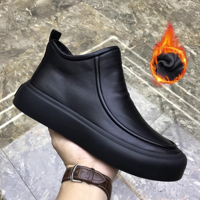 真皮冬季加绒保暖皮靴子男士中帮马丁靴时尚百搭休闲皮鞋高帮棉鞋