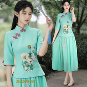 立领盘扣茶服 大码 旗袍两件套复古民国风春夏装 改良上衣中国风唐装