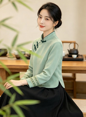 新中式旗袍刺绣长袖上衣茶艺服