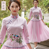 中国民族风改良旗袍上衣两件套装 2026春夏季 绣花立领手工盘扣中式