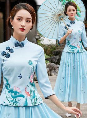 女士长裙两件套复古风改良旗袍