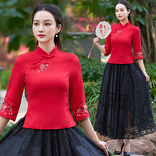 民族风旗袍两件套棉麻茶服外嫁女