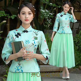 夏季旗袍两件套中式日常锦棉时尚大码修身唐装表演茶服印花女上衣