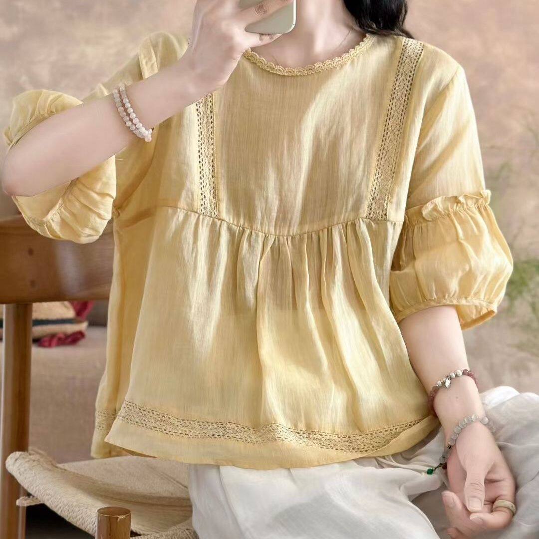 夏季新款纯色苎麻衬衫女夏季新款温柔花边拼接圆领娃娃衫中袖上衣