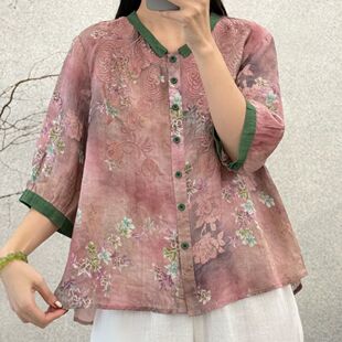 宽松五分袖 优雅刺绣印花苎麻衬衫 女夏季 新款 撞色翻领上衣 开襟小衫