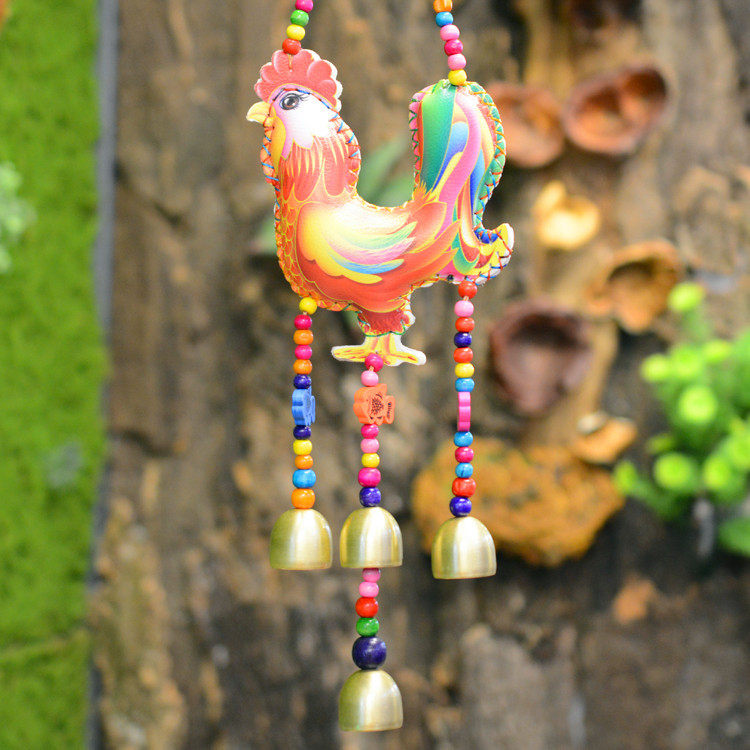 民族风拉丝铜铃皮风铃新款手工4d图彩皮鸡年鸡风铃挂件