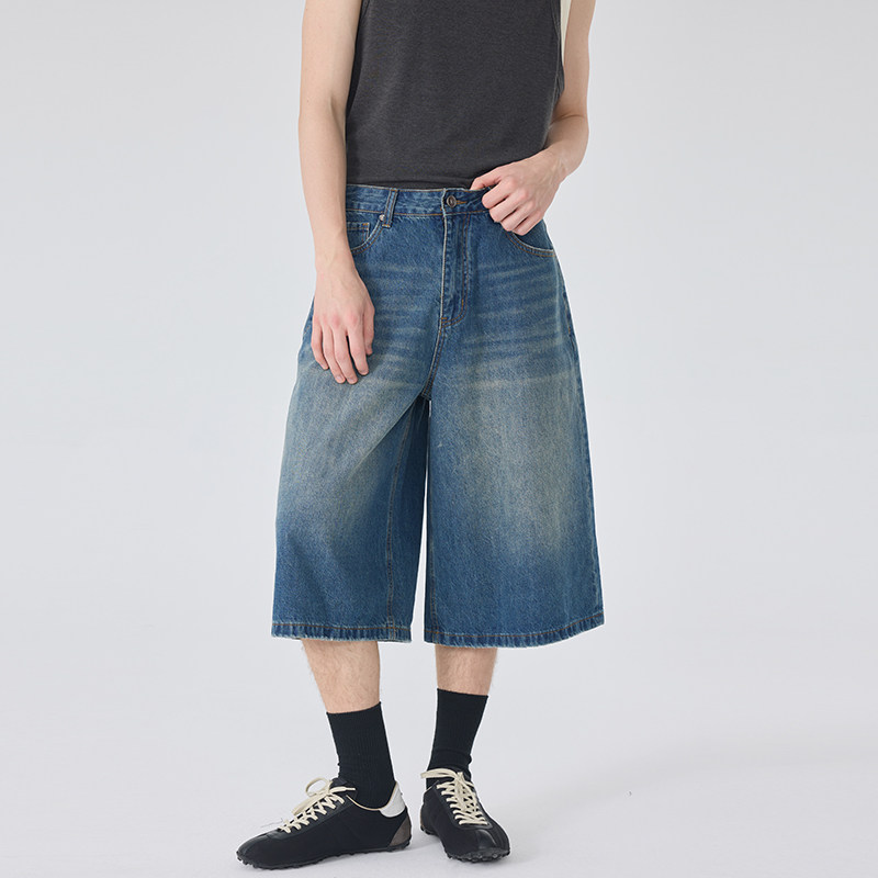美式复古水洗做旧牛仔裤男士夏季新款宽松直筒阔腿裤休闲七分裤潮,男装,牛仔裤,淘宝优惠券,粉丝福利购,淘宝优惠卷
