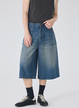 美式复古水洗做旧牛仔裤男士夏季新款宽松直筒阔腿裤休闲七分裤潮