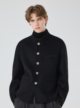 冬季新款原创设计短款羊毛大衣男士新中式立领中山装宽松休闲唐装