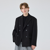复古休闲韩版 宽松羊毛呢子时尚 小西服男外套 男士 2024秋冬黑色西装