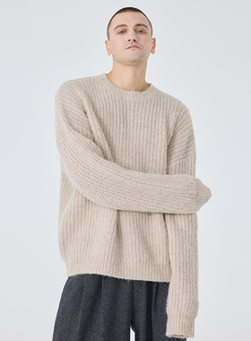 毛衣男秋冬条纹加厚圆领休闲宽松纯色套头针织衫慵懒风潮流上衣