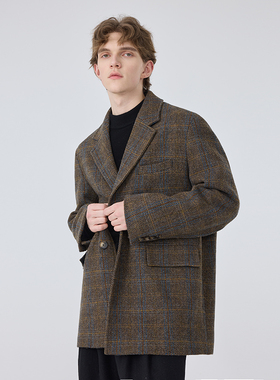 冬原创设计休闲宽松羊绒短款复古格子西装外套男士羊毛呢子西服潮
