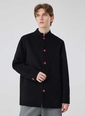 秋冬羊毛呢子短款双面羊毛大衣外套男士黑色设计师款中式立领唐装