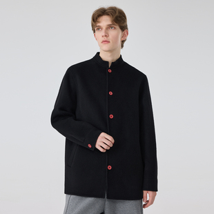 立领唐装 秋冬羊毛呢子短款 中式 黑色设计师款 双面羊毛大衣外套男士
