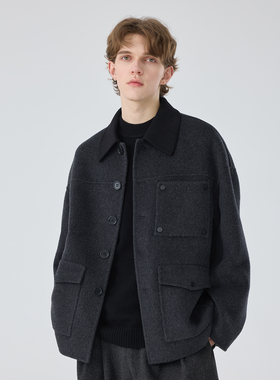 秋冬男士复古夹克宽松时尚羊毛呢子拼接多口袋拼接潮流翻领外套男