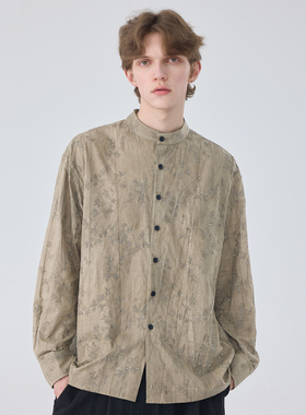 春秋男士新中式衬衫宽松薄款复古长袖刺绣民族风潮流立领衬衣男