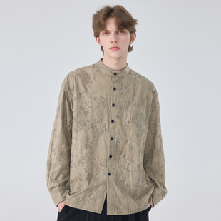 复古长袖 春秋男士 宽松薄款 衬衫 刺绣民族风潮流立领衬衣男 新中式