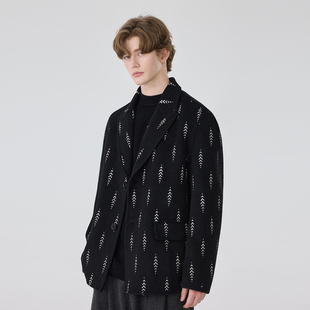 黑色绣花时尚 外套男士 复古潮流西服 双面羊绒西装 秋冬羊毛呢子短款