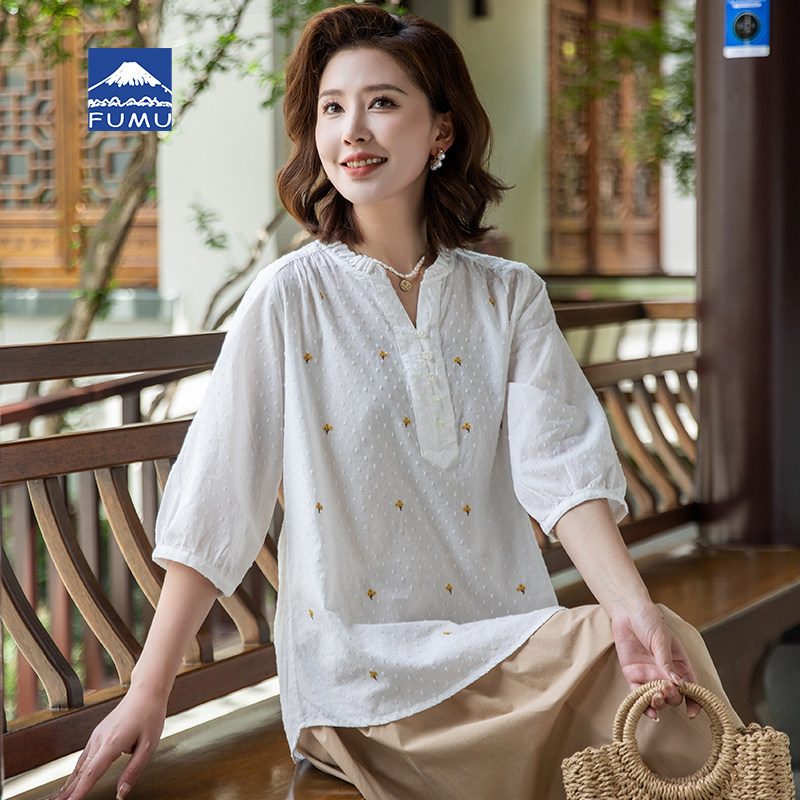 富木女式平布中袖衬衫