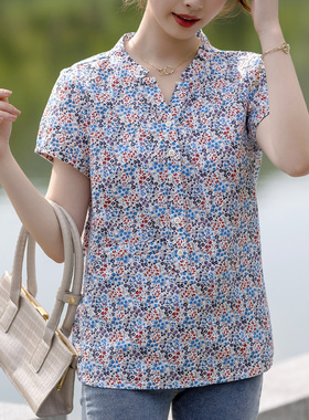 富木纯棉上衣衬衫女夏款短袖妈妈装中老年女装舒适CF2E012R3-R