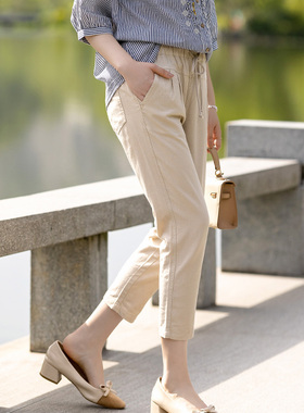 富木新款松紧腰休闲裤七分裤抽绳设计麻粘通勤百搭裤子SH-21660R1