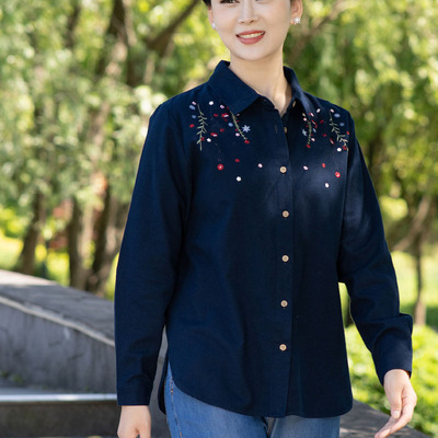 富木纯棉新款衬衫红蓝两色绣花长袖衬衣侧开叉女装上衣ZH1C520R4