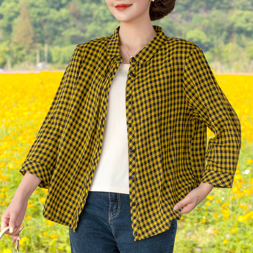 富木宽松黄色格子纯棉双层纱