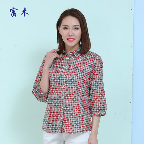 富木女装全棉印花大码衬衫中老年