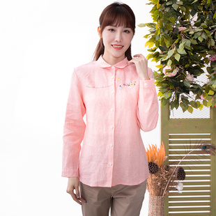 长袖 衬衫 女装 437 女士上衣设计感小众粉色亚麻衬衣薄款 富木新款