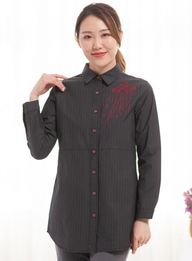 富木春夏新品纯棉长袖绣花衬衫中长款条纹衬衣显瘦女装WZ17075E9