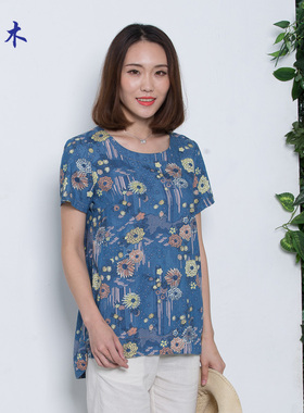 富木夏季新款女士纯棉短袖T恤中老年印花套头衫大码HCS-17378E7
