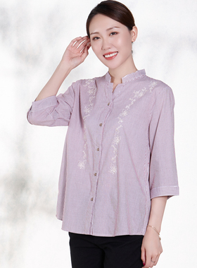 富木夏季女士上衣七分袖全棉衬衫立领绣花妈妈装衬衣ZH-287-1R0