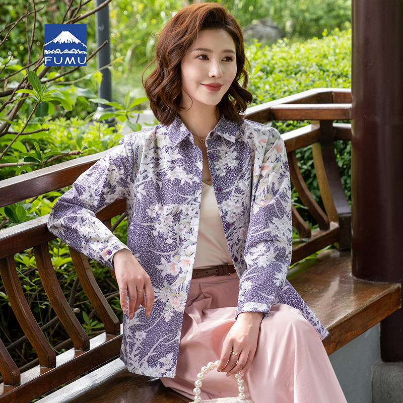 富木全棉平布长袖花色衬衫妈妈装
