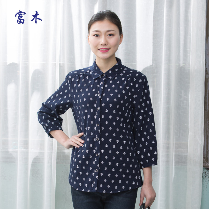富木春夏新款女士纯棉双层纱衬衫九分袖大码女装印花衬衣CF1716E7