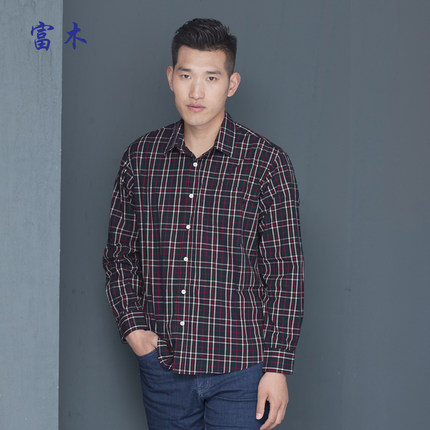 富木春季新款男士平布长袖格子衬衫纯棉休闲衬衣男装XF-1650E6