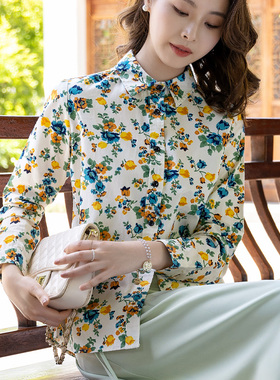 富木活性印花衬衫女新款春秋长袖上衣妈妈装百搭衬衣WZ17069E8