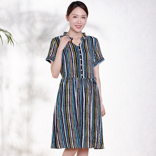 富木拼色条纹连衣裙妈妈装