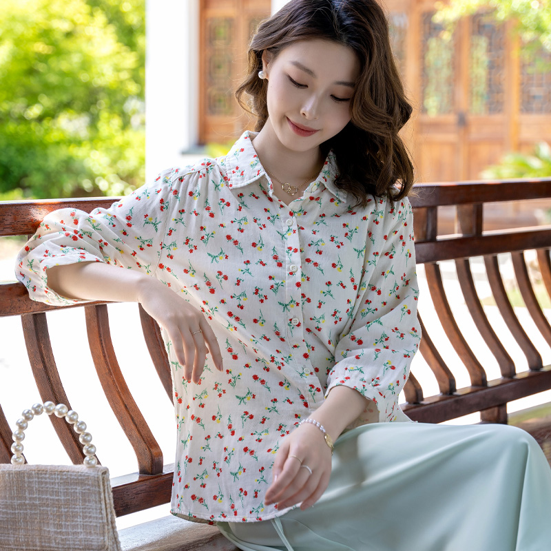 富木双层纱纯棉衬衫女中袖