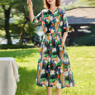 富木夏季法式印花连衣裙复古收腰显瘦女装中长款裙子ZH2H493R3