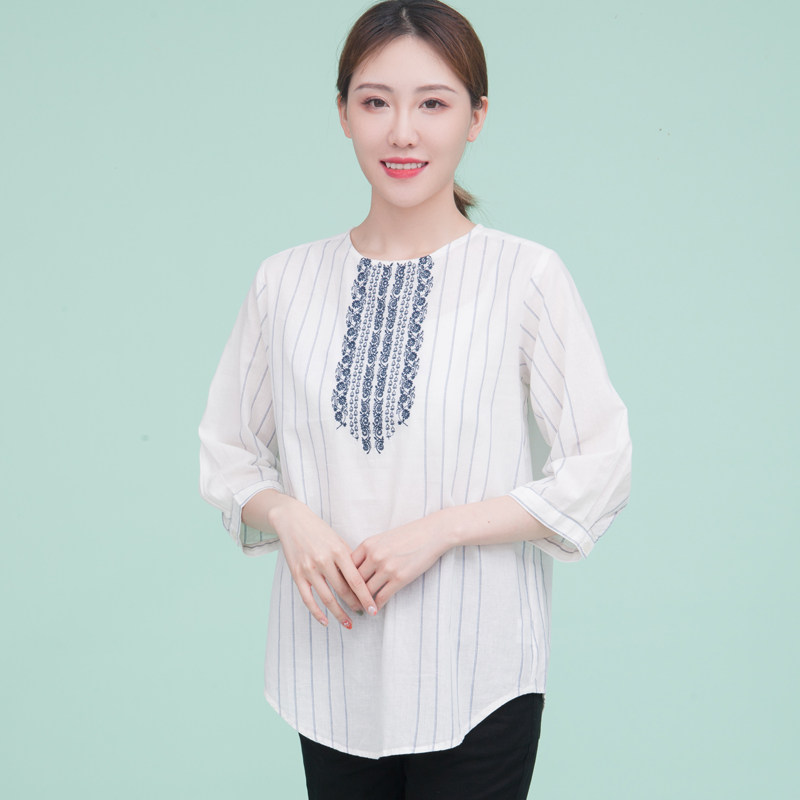 富木夏季女士上衣宽松半袖女装棉麻面料绣花t恤女套头衫ZH-311R1