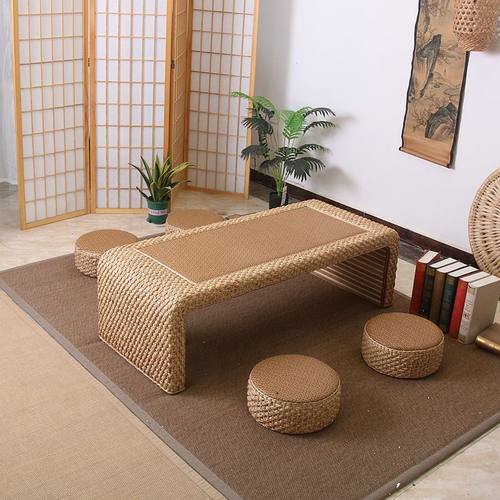 日式藤编榻榻米茶几飘窗桌矮茶桌简约炕桌家用禅意地台阳台桌凳子